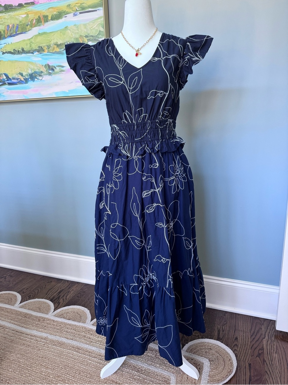 crown & ivy Navy Embroidered Floral Maxi Dress with Ruffle Sleeves size XS